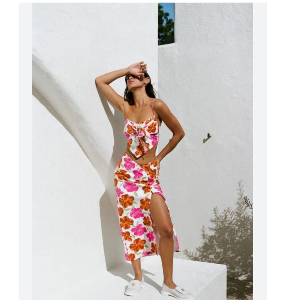 Sabo Skirt Luan Midi Skirt & Tie Top Set Floral Two Piece White Pink Orange s/M